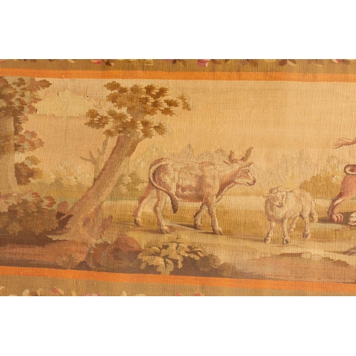 251 - A pair of Aubusson tapestry frieze panels, late 19th/early 20th century, each woven with combative w... 