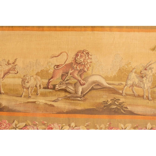 251 - A pair of Aubusson tapestry frieze panels, late 19th/early 20th century, each woven with combative w... 