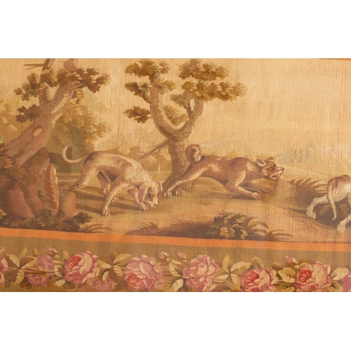 251 - A pair of Aubusson tapestry frieze panels, late 19th/early 20th century, each woven with combative w... 