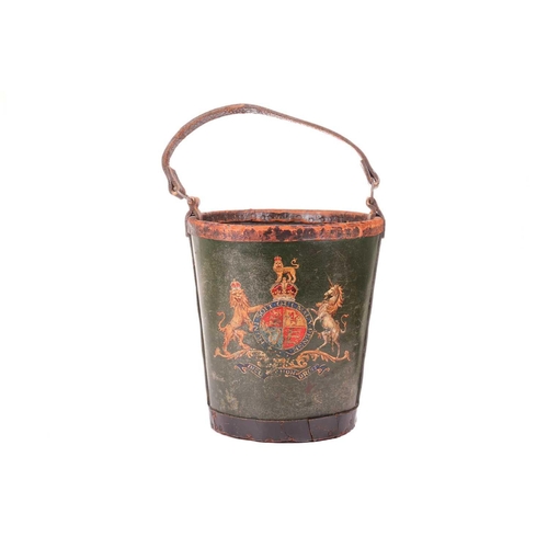 266 - A late 19th-century leather fire bucket, painted with the Royal coat of arms, with leather carry str... 