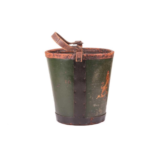 266 - A late 19th-century leather fire bucket, painted with the Royal coat of arms, with leather carry str... 