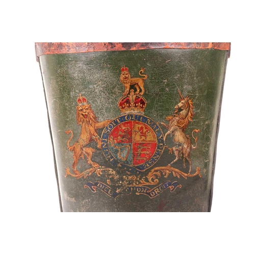 266 - A late 19th-century leather fire bucket, painted with the Royal coat of arms, with leather carry str... 