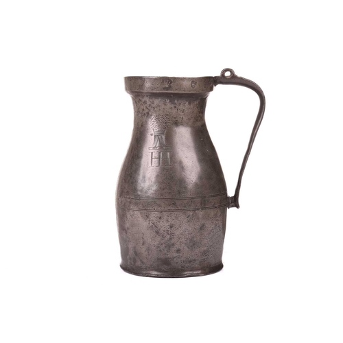 267 - An early 18th century English pewter gallon capacity measure, of baluster form, marked 'HR' with Cro... 