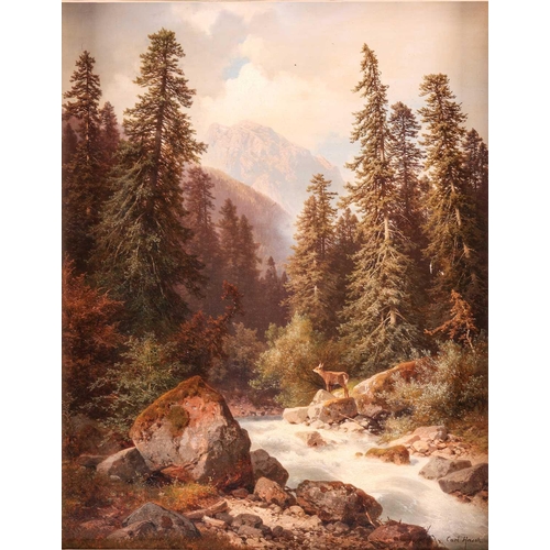32 - Carl Hasch (1831-1897) Austrian, deer in a mountainous landscape, oil on canvas, signed to lower rig... 