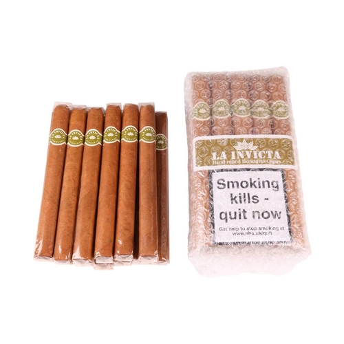 340 - Thirty eight La Invicta Honduran Churchill Cigars (38), one bundle of 25 and 13 loose in cellophane.... 