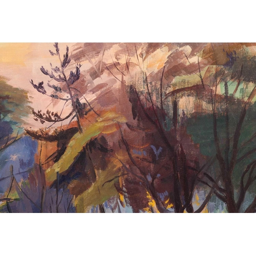 40 - † Phylis Bray, Woodland scene, unsigned, oil on canvas, image 61 cm x 200 cm, framed, 83 cm x 144 cm... 