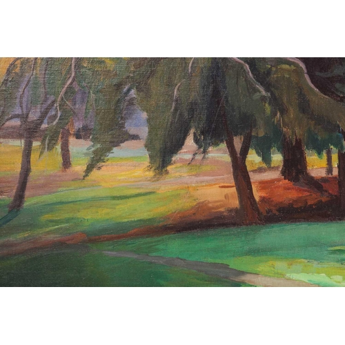40 - † Phylis Bray, Woodland scene, unsigned, oil on canvas, image 61 cm x 200 cm, framed, 83 cm x 144 cm... 