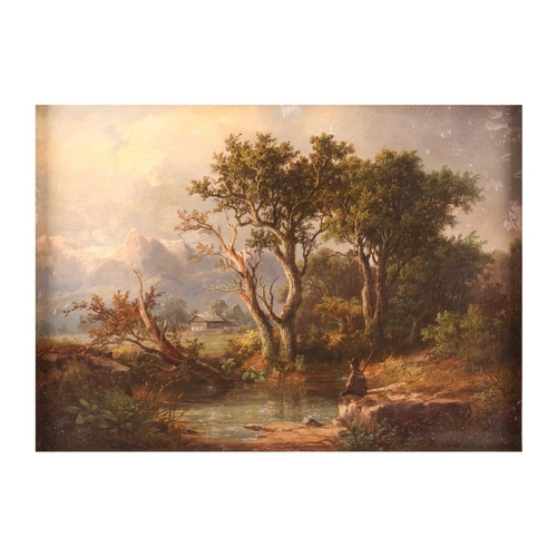 56 - Heinrich Johann (1821-1884), 'Landschaft mit figurlicher Staffage', signed, oil on canvas, 39.5 cm x... 