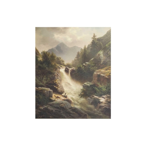 59 - Albert Rieger (1834-1905) Austrian, 'Angler am Wasserfall' [Angler in the waterfall], oil on canvas,... 