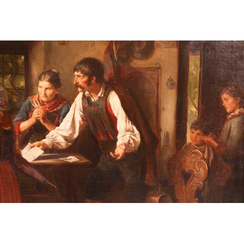 60 - Rudolf Eduard Hauser (1818-1891) German, 'Der Brief' [The Letter], large oil on canvas, signed lower... 