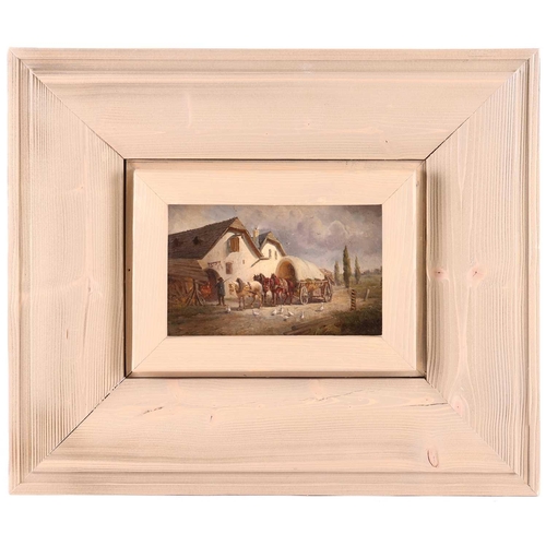 87 - European School (19th Century), a wagon by a house, indistinctly signed, oil on panel, 12 cm x 19 cm... 