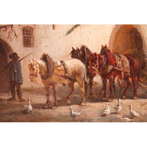 87 - European School (19th Century), a wagon by a house, indistinctly signed, oil on panel, 12 cm x 19 cm... 
