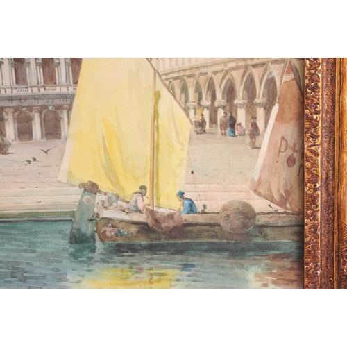 94 - Alberto Prosdocimi (Italian,1852 - 1925), Gondolas at the steps to the Doge's Palace, Venice, signed... 