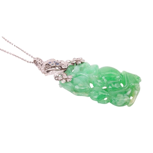 41 - An Art Deco carved jade pendant with diamond-set surmount on chain, the rectangular bright green jad... 