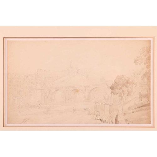 14 - Manner of J.M.W. Turner, View of Old North Bridge and Calton Hill, Edinburgh, unsigned, pencil and w... 