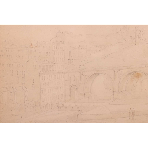 14 - Manner of J.M.W. Turner, View of Old North Bridge and Calton Hill, Edinburgh, unsigned, pencil and w... 