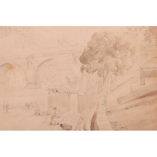 14 - Manner of J.M.W. Turner, View of Old North Bridge and Calton Hill, Edinburgh, unsigned, pencil and w... 