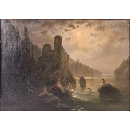 36 - Albert Rieger (1834-1905) Austrian, 'Burgruiner am Meer,' [Castle Ruins by the Sea], large oil on ca... 