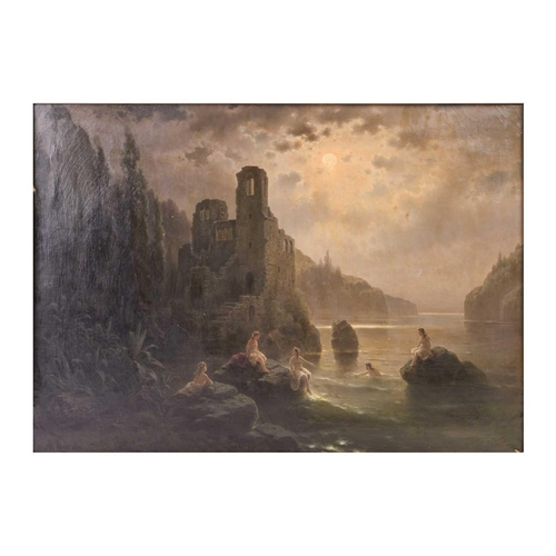 36 - Albert Rieger (1834-1905) Austrian, 'Burgruiner am Meer,' [Castle Ruins by the Sea], large oil on ca... 