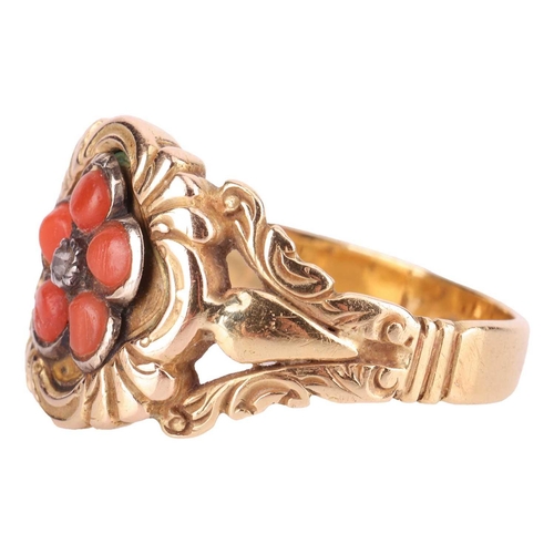 108 - A mid 19th-Century coral and diamond floral ring, the central lozenge-shaped panel set with a daisy ... 