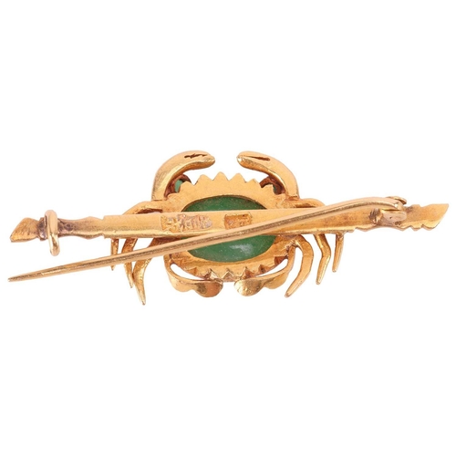 111 - A jade crab bar brooch, centred with a crab motif with an oval jadeite cabochon and green paste as e... 