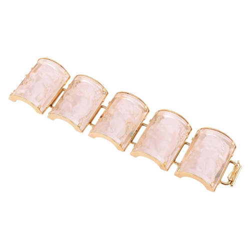 119 - Lalique - 'Nysa' bracelet, comprising five curved and frosted crystal panels each depicting a nymph,... 