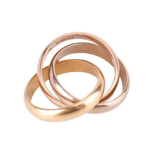 2 - A trinity ring in 18ct tri-coloured gold, with three interlocking bands that resemble a Borromean li... 