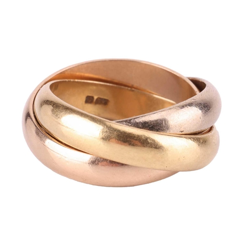 2 - A trinity ring in 18ct tri-coloured gold, with three interlocking bands that resemble a Borromean li... 