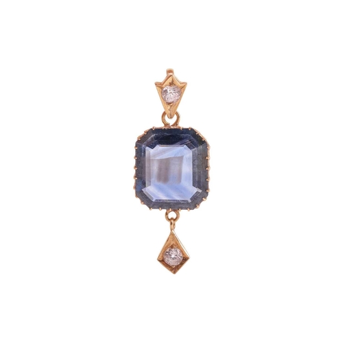 3 - Two gem-set pendants; first contains a shallow octagonal-cut sapphire of 14.7 x 13.0 x 4.4 mm, to ba... 