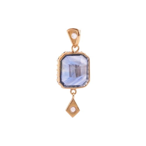 3 - Two gem-set pendants; first contains a shallow octagonal-cut sapphire of 14.7 x 13.0 x 4.4 mm, to ba... 