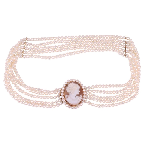 43 - A Mikimoto cultured pearl choker and a pair of matching earrings; the choker comprising five rows of... 