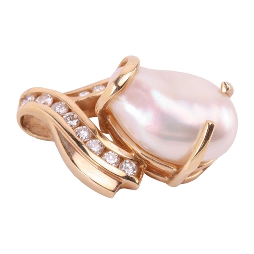 54 - A baroque pearl pendant, of ovoid shape, to a crossover surmount with integral bail, channel-set wit... 