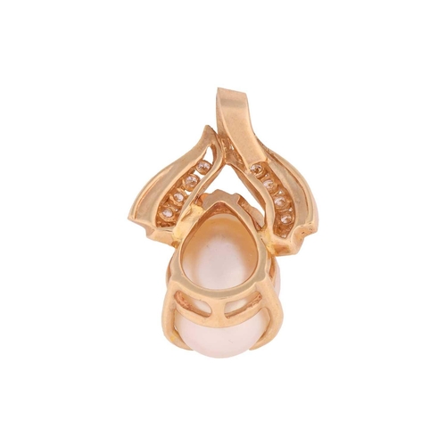 54 - A baroque pearl pendant, of ovoid shape, to a crossover surmount with integral bail, channel-set wit... 