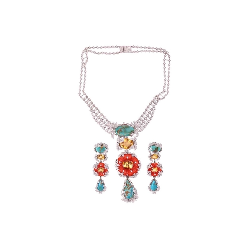 57 - A floral necklace and earrings ensuite set with carved coral, turquoise, citrine and diamond; the ne... 