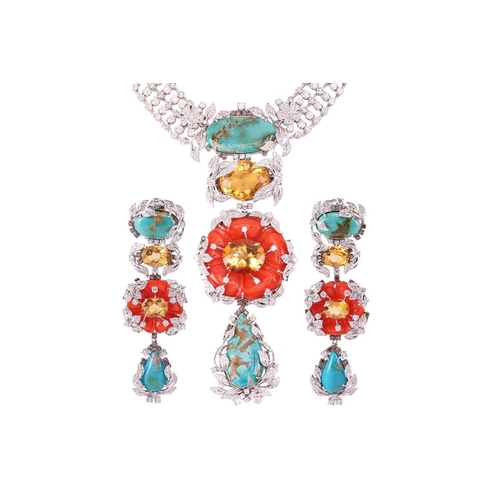 57 - A floral necklace and earrings ensuite set with carved coral, turquoise, citrine and diamond; the ne... 