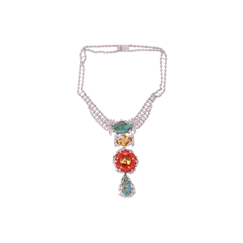 57 - A floral necklace and earrings ensuite set with carved coral, turquoise, citrine and diamond; the ne... 