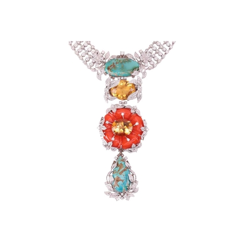 57 - A floral necklace and earrings ensuite set with carved coral, turquoise, citrine and diamond; the ne... 