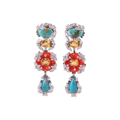 57 - A floral necklace and earrings ensuite set with carved coral, turquoise, citrine and diamond; the ne... 