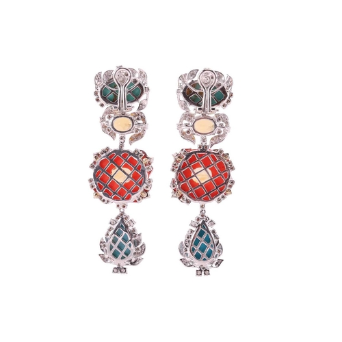 57 - A floral necklace and earrings ensuite set with carved coral, turquoise, citrine and diamond; the ne... 