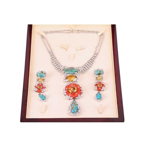 57 - A floral necklace and earrings ensuite set with carved coral, turquoise, citrine and diamond; the ne... 