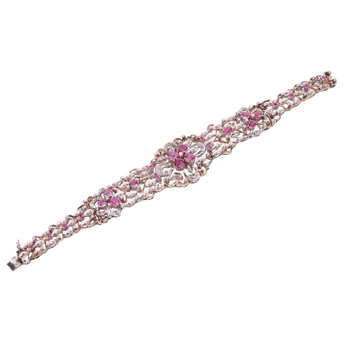 60 - A pink sapphire and diamond parure comprising a necklace, a bracelet, a ring and a pair of pendant e... 