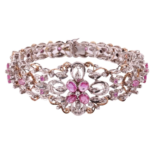 60 - A pink sapphire and diamond parure comprising a necklace, a bracelet, a ring and a pair of pendant e... 