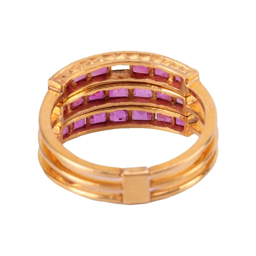 71 - A ruby-set Harem ring, comprising three flat bands adjoined at the base, each channel-set with a row... 