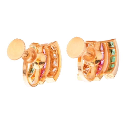 80 - A pair of gem-set curved earrings, the three rows set with calibre-cut rubies and emeralds and old-c... 