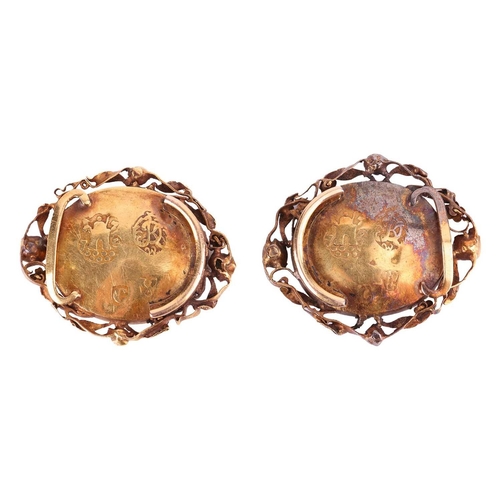 83 - An unusual pair of 18th Norwegian gold, rock crystal and enamel mourning buckles; the oval slides co... 