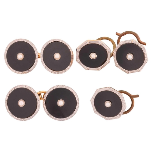 89 - An onyx and seed pearl gentleman's dress set, with a pair of cufflinks and three buttons, of octagon... 