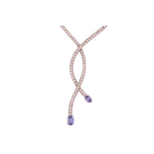 93 - A necklace set with diamond and tanzanite, of sinuous design, comprising a series of articulated bar... 