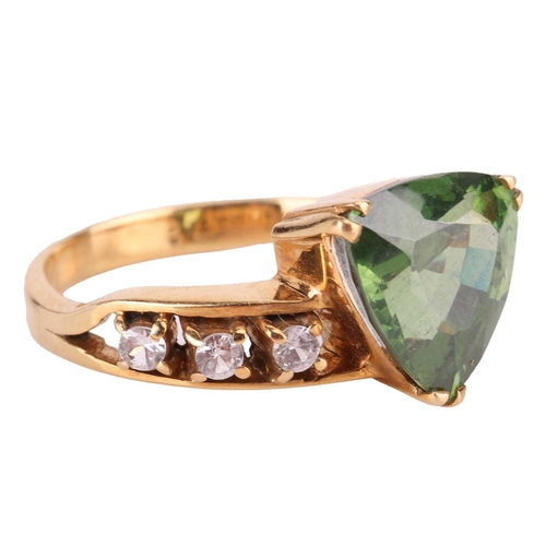 96 - A green metamict zircon dress ring, centred with a trilliant-cut metamict zircon of 10.3 x 10.6 x 6.... 