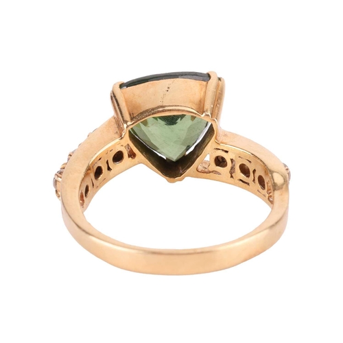 96 - A green metamict zircon dress ring, centred with a trilliant-cut metamict zircon of 10.3 x 10.6 x 6.... 