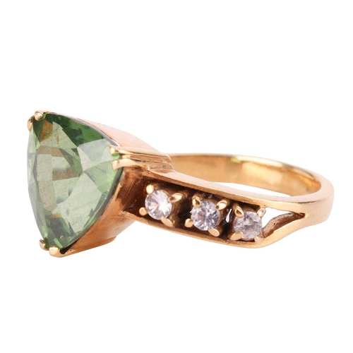 96 - A green metamict zircon dress ring, centred with a trilliant-cut metamict zircon of 10.3 x 10.6 x 6.... 